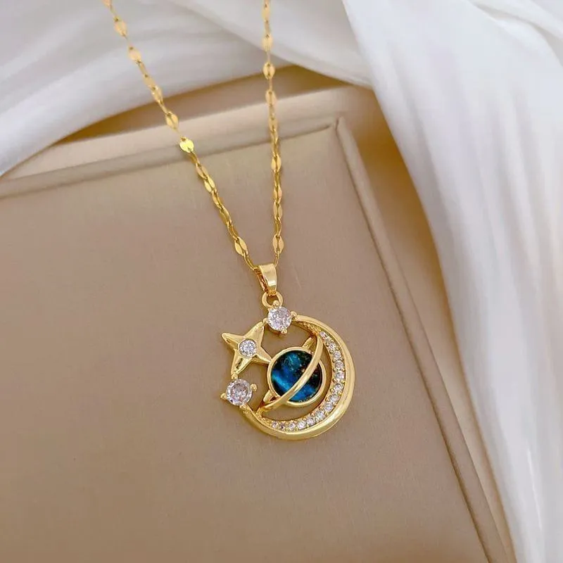 Women's Gold Tone Crescent Moon Galaxy Pendant Necklace Celestial Crystal Star Nebula Print Jewelry with Gift Box showcase 4
