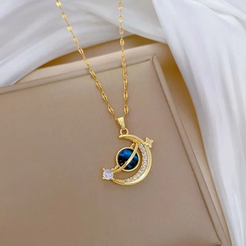 Women's Gold Tone Crescent Moon Galaxy Pendant Necklace Celestial Crystal Star Nebula Print Jewelry with Gift Box showcase 3