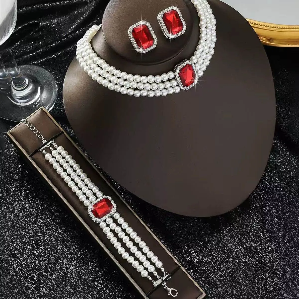 Women's 3-Piece Triple Strand Pearl Jewelry Set with Rectangular Pink Gemstones Necklace Bracelet and Earrings Set thumbnail 4