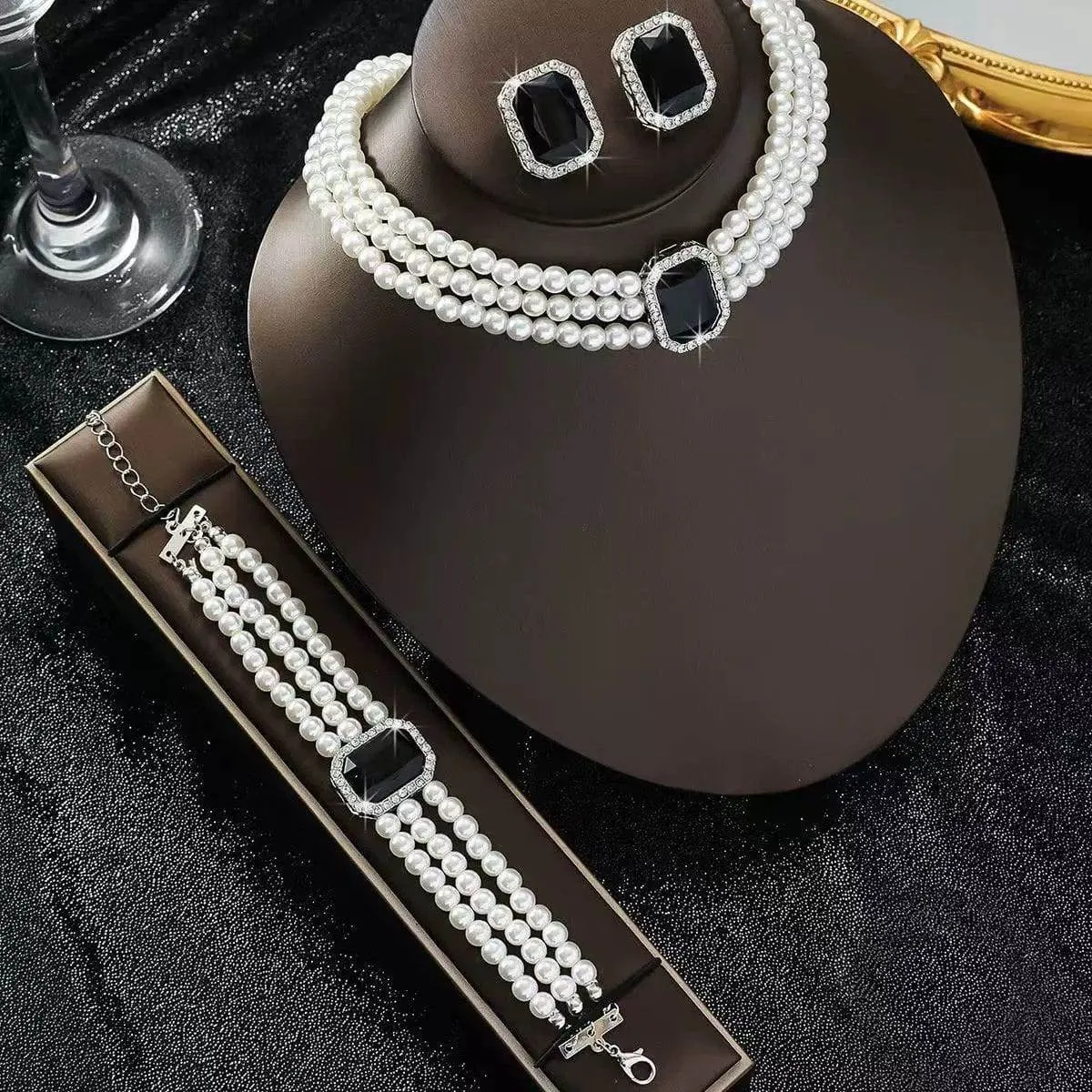 Women's 3-Piece Triple Strand Pearl Jewelry Set with Rectangular Pink Gemstones Necklace Bracelet and Earrings Set showcase 4