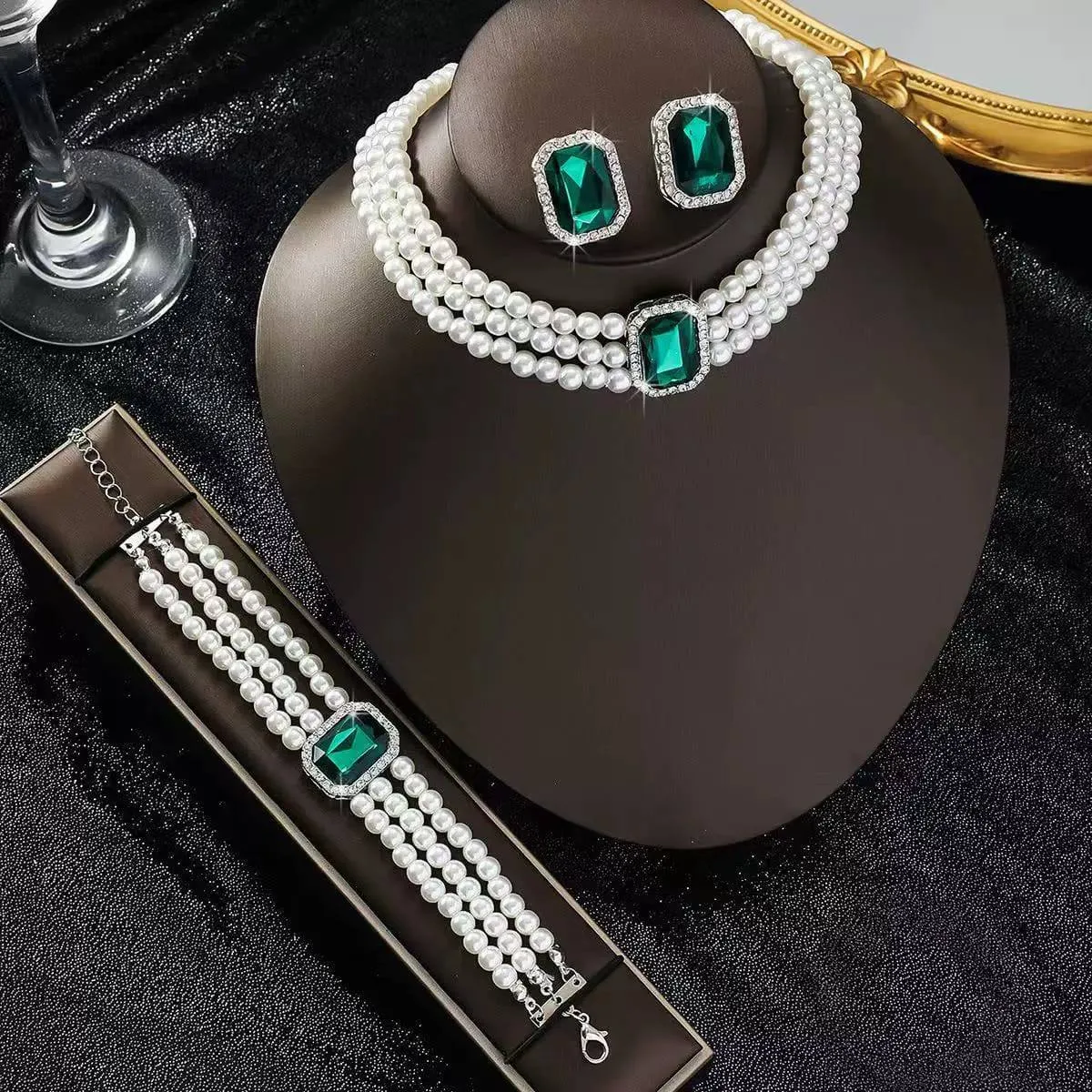 Women's 3-Piece Triple Strand Pearl Jewelry Set with Rectangular Pink Gemstones Necklace Bracelet and Earrings Set showcase 1