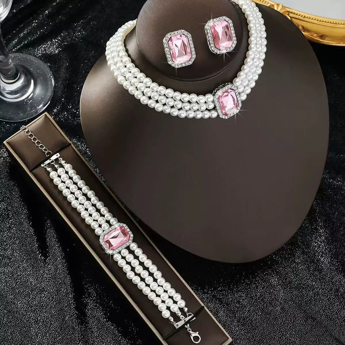 Women's 3-Piece Triple Strand Pearl Jewelry Set with Rectangular Pink Gemstones Necklace Bracelet and Earrings Set showcase 2