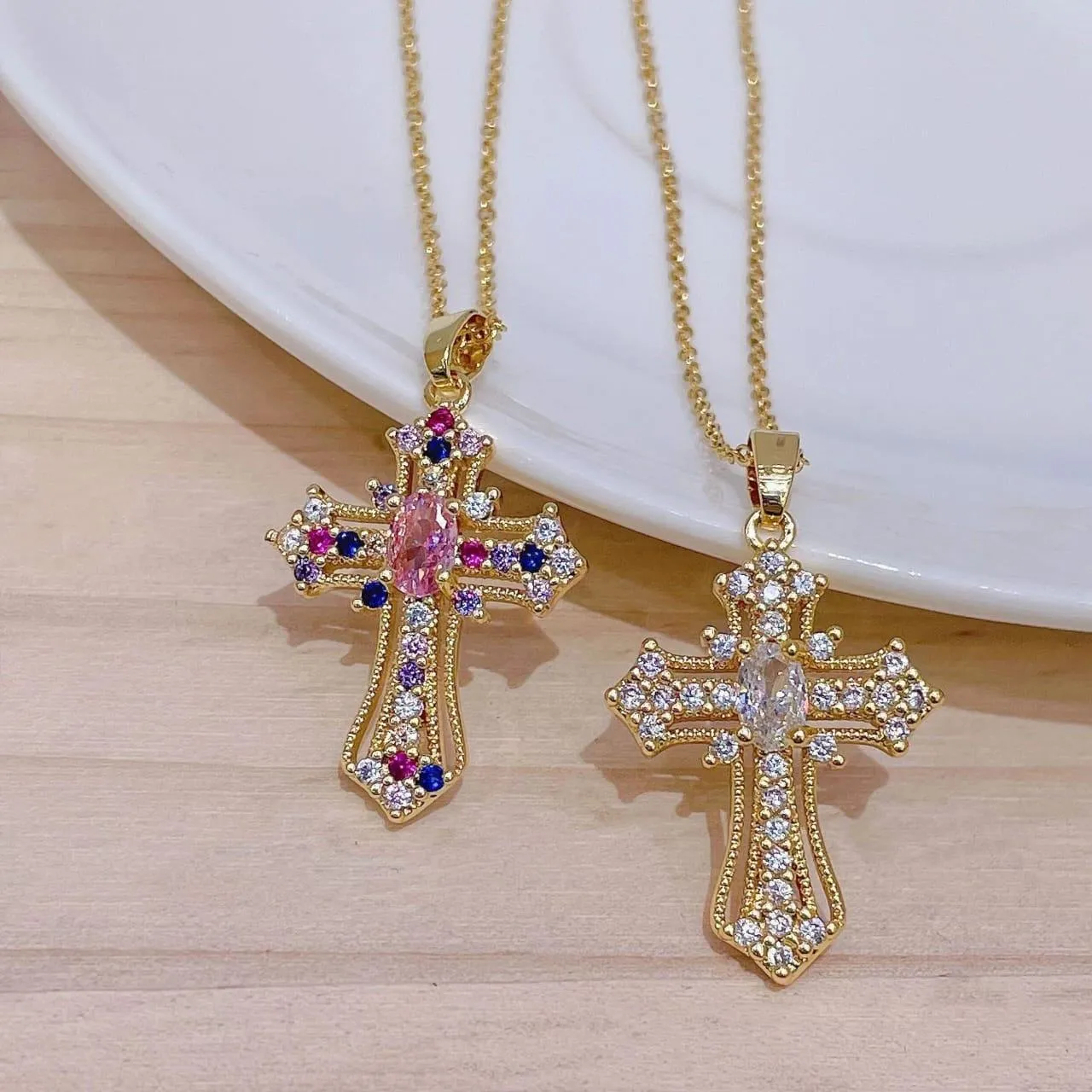 Unisex Gold Tone Iced Out Cross Pendant Necklace Multi Color Crystal and White Gemstone Religious Statement Jewelry thumbnail 1