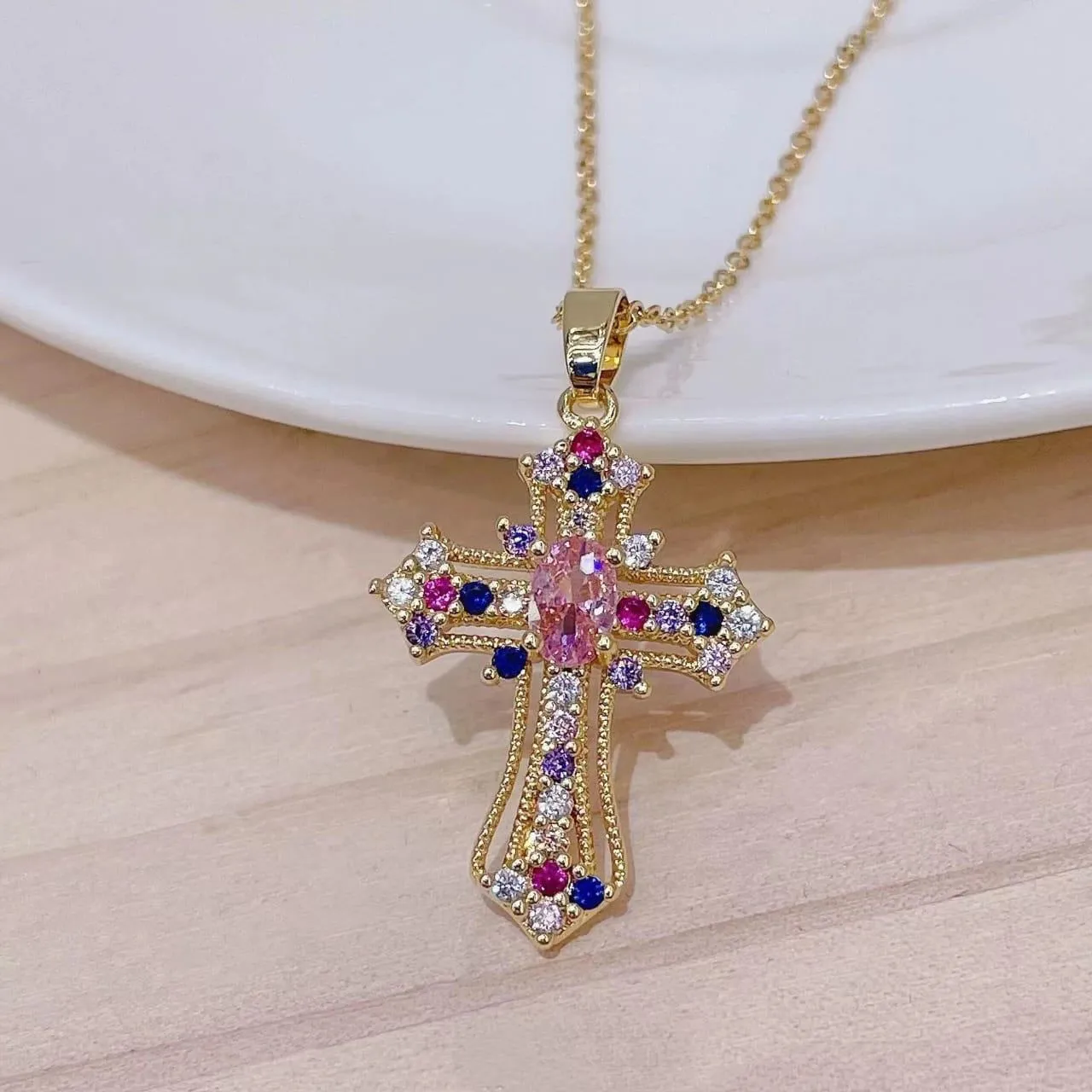 Unisex Gold Tone Iced Out Cross Pendant Necklace Multi Color Crystal and White Gemstone Religious Statement Jewelry thumbnail 2