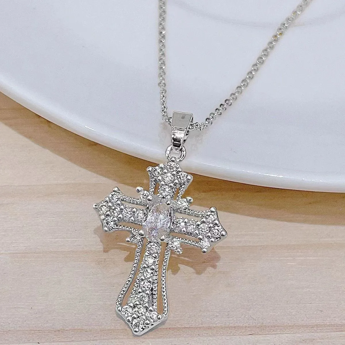 Unisex Gold Tone Iced Out Cross Pendant Necklace Multi Color Crystal and White Gemstone Religious Statement Jewelry thumbnail 4