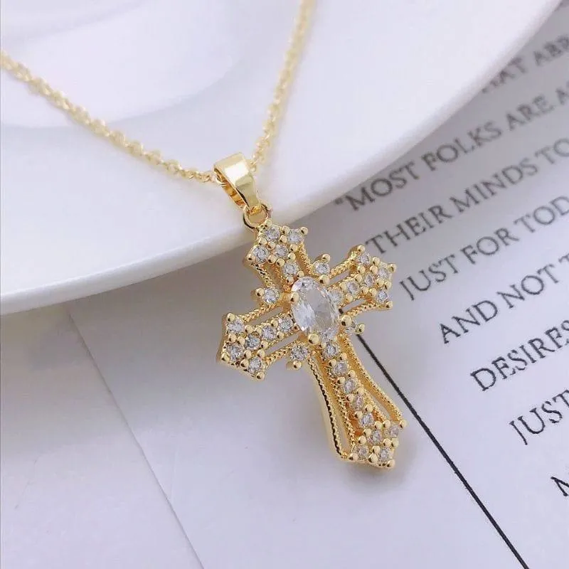 Unisex Gold Tone Iced Out Cross Pendant Necklace Multi Color Crystal and White Gemstone Religious Statement Jewelry showcase 1