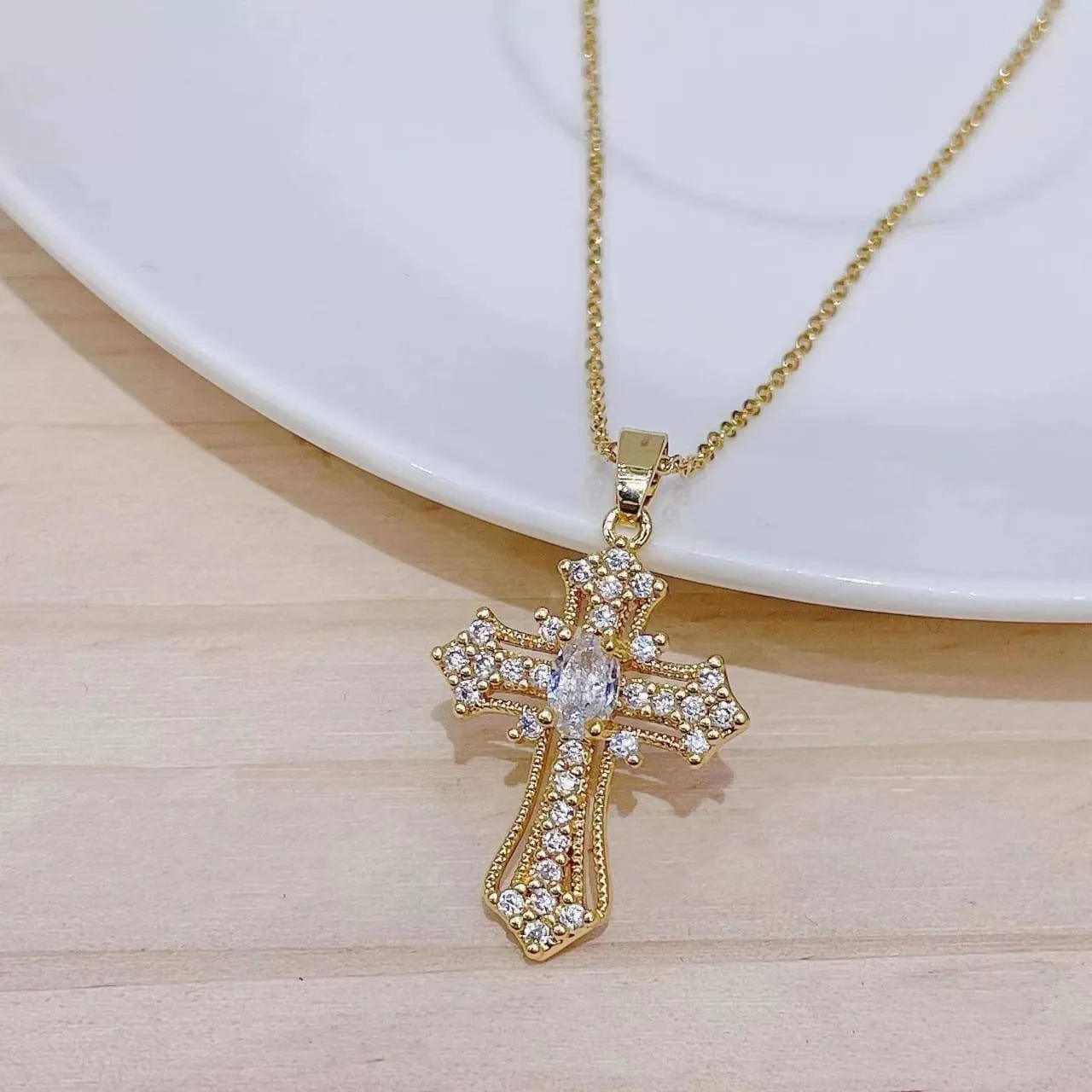Unisex Gold Tone Iced Out Cross Pendant Necklace Multi Color Crystal and White Gemstone Religious Statement Jewelry thumbnail 5