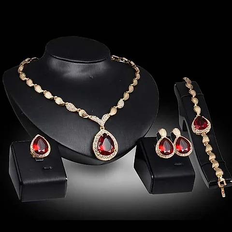 Women's 4-Piece Gold Tone Ruby Red Teardrop Gemstone Jewelry Set Necklace Bracelet Ring and Earrings Formal Evening