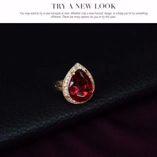 Women's 4-Piece Gold Tone Ruby Red Teardrop Gemstone Jewelry Set Necklace Bracelet Ring and Earrings Formal Evening showcase 7