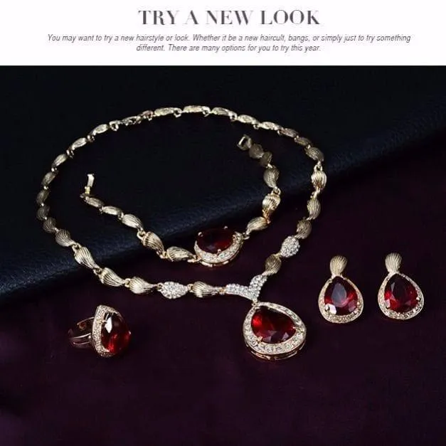 Women's 4-Piece Gold Tone Ruby Red Teardrop Gemstone Jewelry Set Necklace Bracelet Ring and Earrings Formal Evening showcase 6