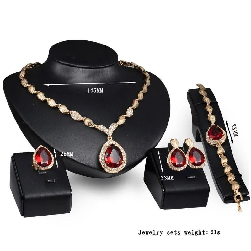 Women's 4-Piece Gold Tone Ruby Red Teardrop Gemstone Jewelry Set Necklace Bracelet Ring and Earrings Formal Evening showcase 2