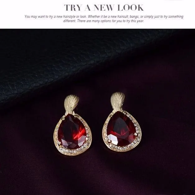 Women's 4-Piece Gold Tone Ruby Red Teardrop Gemstone Jewelry Set Necklace Bracelet Ring and Earrings Formal Evening showcase 3