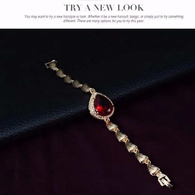 Women's 4-Piece Gold Tone Ruby Red Teardrop Gemstone Jewelry Set Necklace Bracelet Ring and Earrings Formal Evening showcase 1