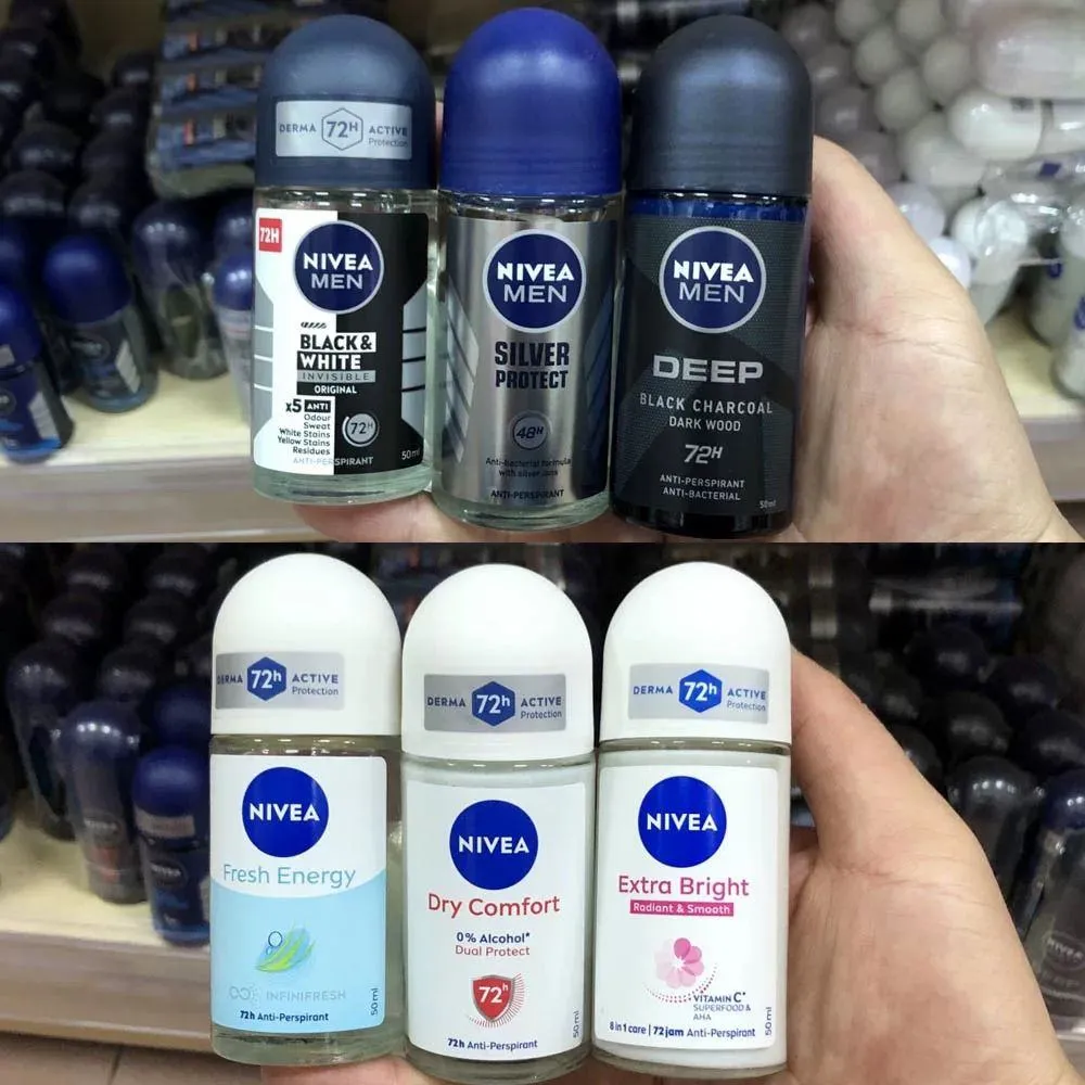 NIVEA Roll On Deodorant Collection for Men and Women 72H Anti-Perspirant Protection Extra Bright Black White and Deep Charcoal thumbnail 1
