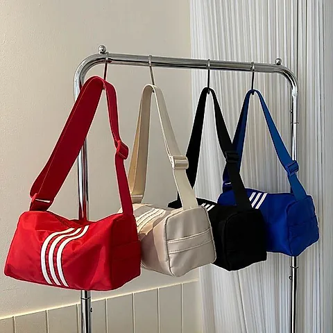 Unisex Mini Athletic Barrel Crossbody Bag Small Sporty Duffel Shoulder Bag with Adjustable Strap and Stripes
