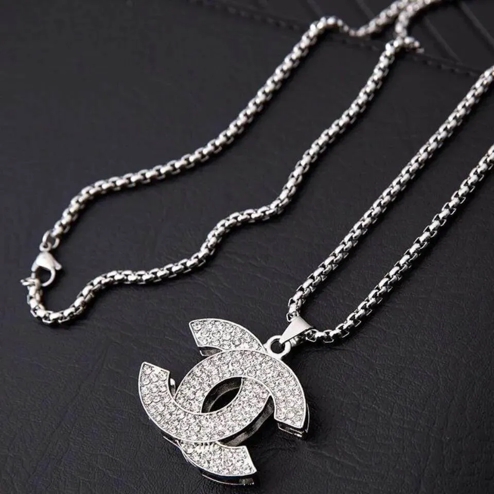 Unisex Silver Tone Iced Out Interlocking Logo Pendant Necklace Fully Encrusted Crystal Designer Style Box Chain thumbnail 5