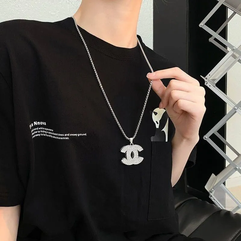 Unisex Silver Tone Iced Out Interlocking Logo Pendant Necklace Fully Encrusted Crystal Designer Style Box Chain thumbnail 4