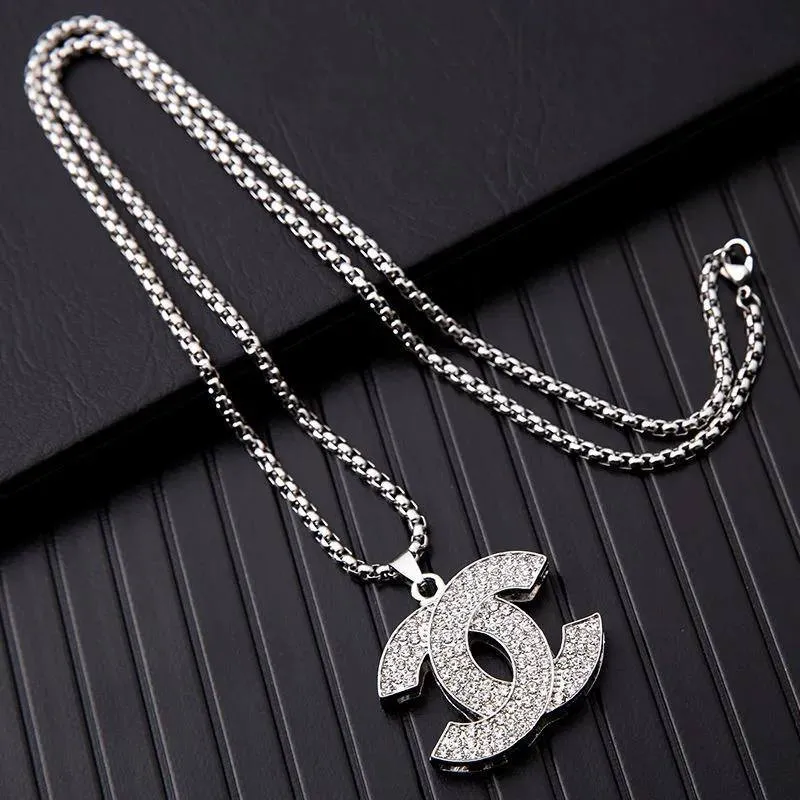 Unisex Silver Tone Iced Out Interlocking Logo Pendant Necklace Fully Encrusted Crystal Designer Style Box Chain thumbnail 6