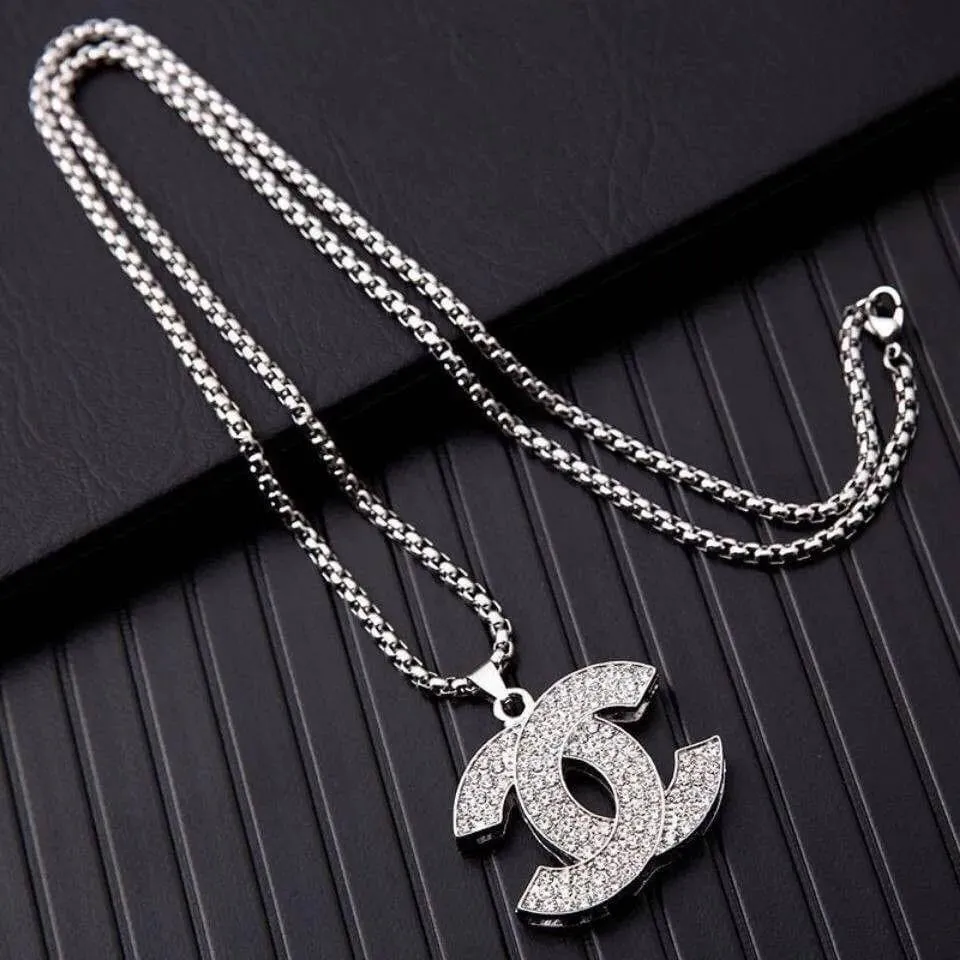 Unisex Silver Tone Iced Out Interlocking Logo Pendant Necklace Fully Encrusted Crystal Designer Style Box Chain thumbnail 2