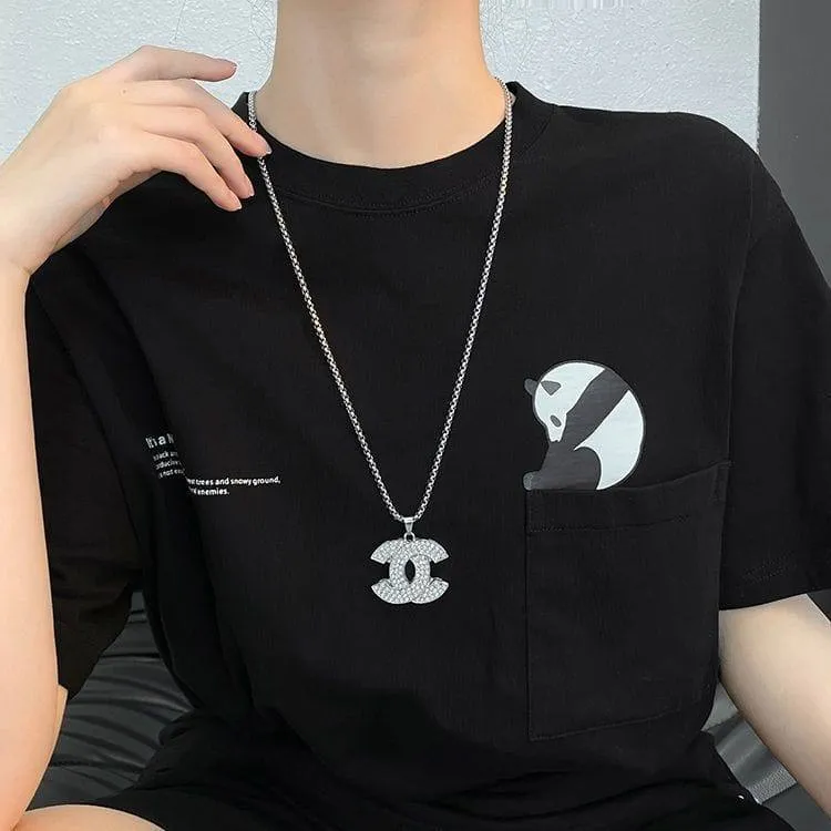 Unisex Silver Tone Iced Out Interlocking Logo Pendant Necklace Fully Encrusted Crystal Designer Style Box Chain thumbnail 3