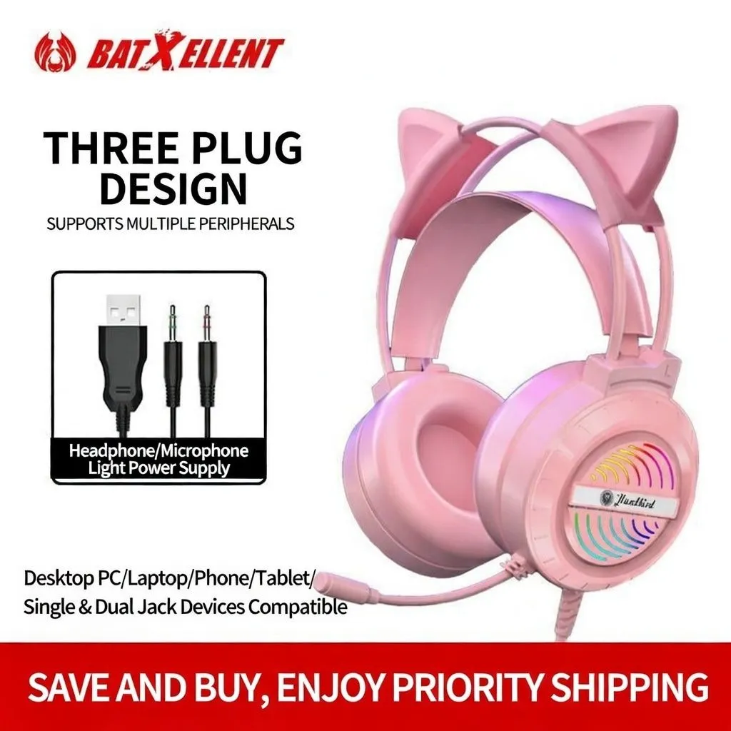 Cute Pink Cat Ear Gaming Headset Over-Ear Wired Headphones with Microphone for PC, Mobile, Streaming, and Esports thumbnail 4