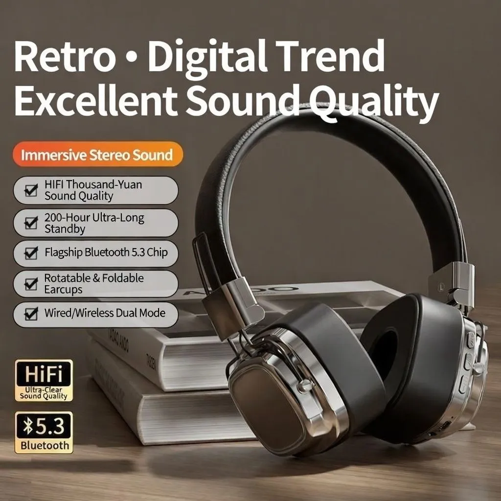 Retro Stylish Over-Ear Bluetooth Headphones Wireless High-Quality Headset with Mic for Android, iPhone, Music, Calls, and Gaming thumbnail 3