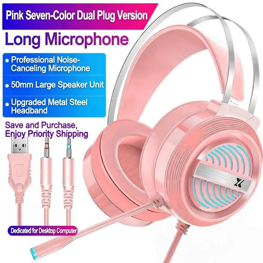 Cute Pink Cat Ear Gaming Headset Over-Ear Wired Headphones with Microphone for PC, Mobile, Streaming, and Esports thumbnail 3